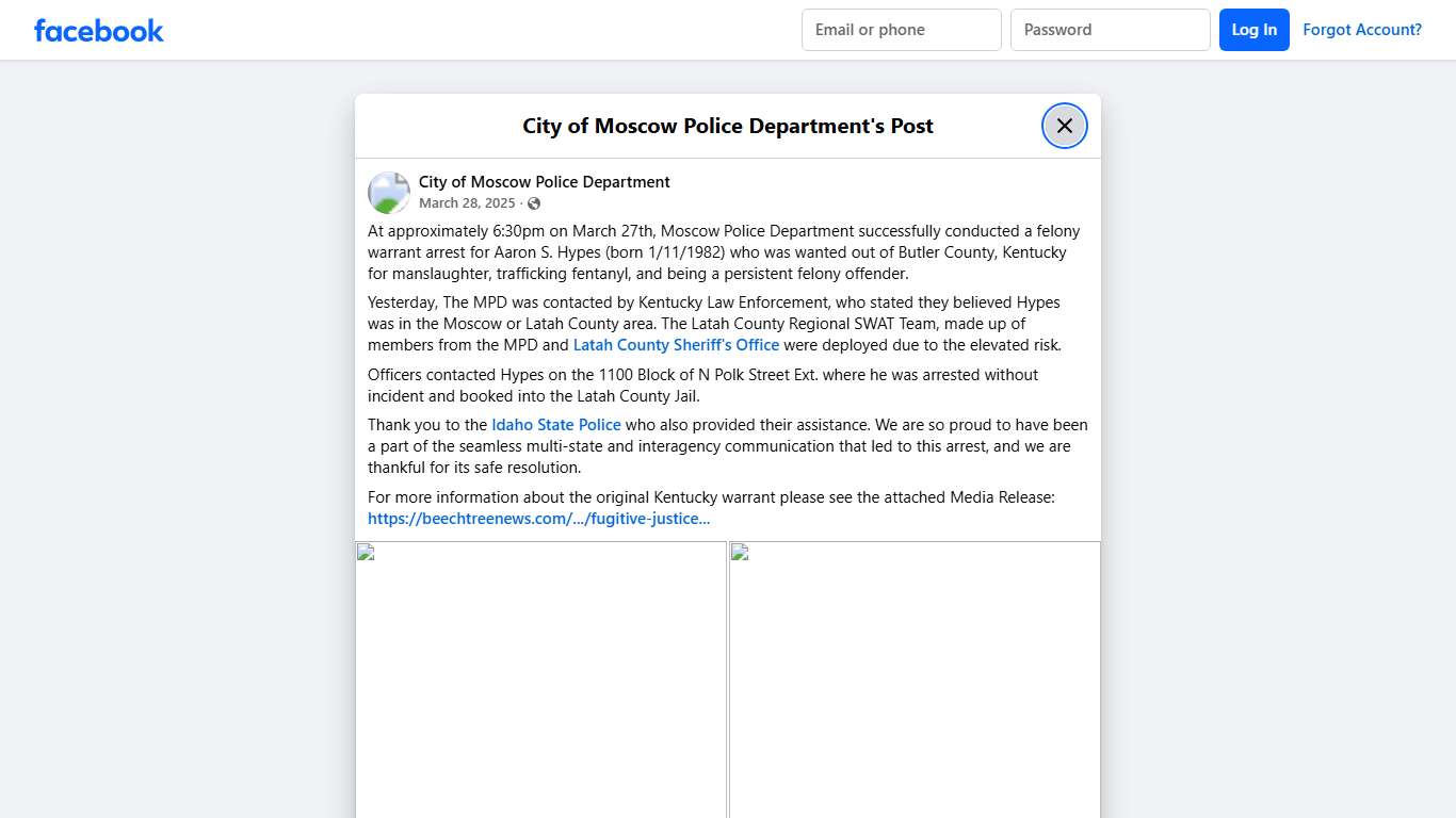 At approximately 6:30pm... - City of Moscow Police Department Facebook